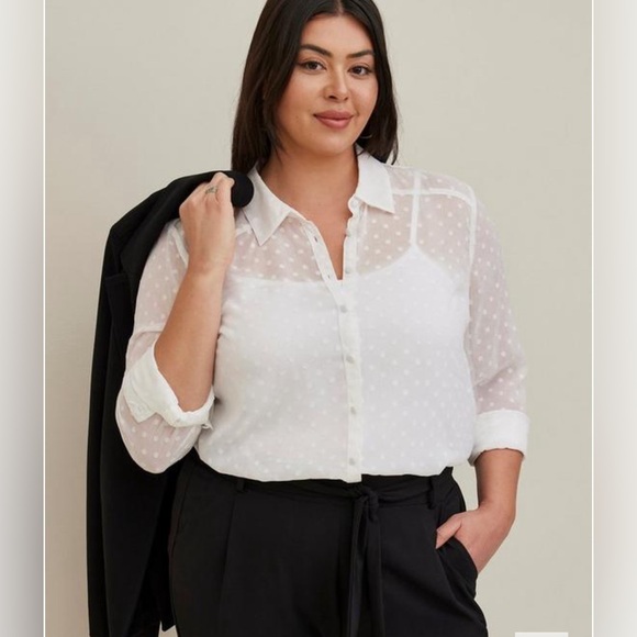 Madison - White Chiffon Clip Dot Button Front Blouse - Picture 3 of 13